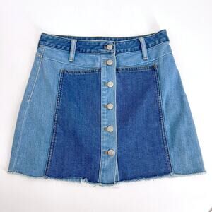 Madewell x Isko Denim Patchwork Jean Skirt Sz 27 Blue Denim Button Mini Frayed